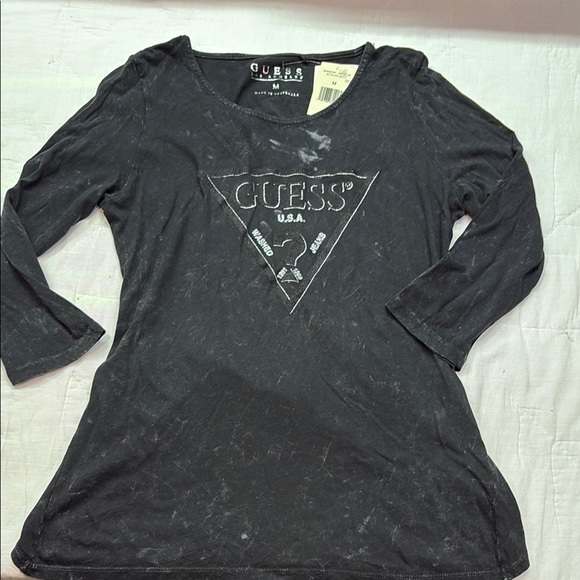 Guess Tops - Guess Vintage 90s Stonewashed Black Graphic 3/4 Sleeve Tee Size Medium